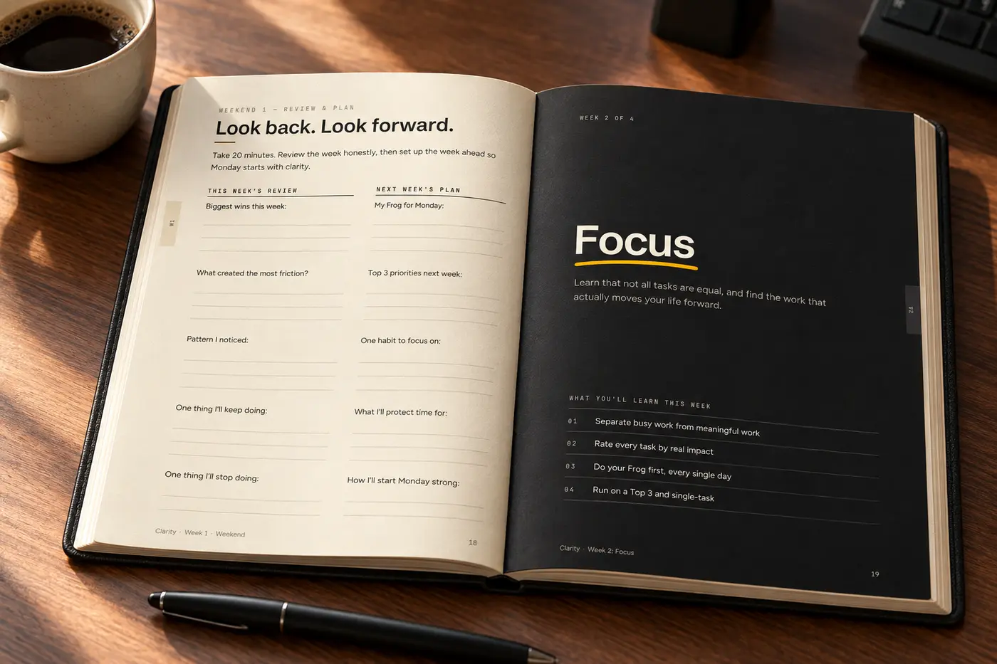 Weekly review prompts beside the black Week 2 Focus divider